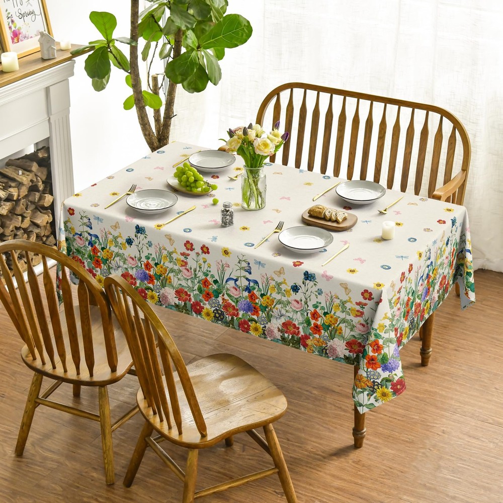 Spring Tablecloth 60×104 Inch Rectangular, Floral Flowers Washable Table Cove...