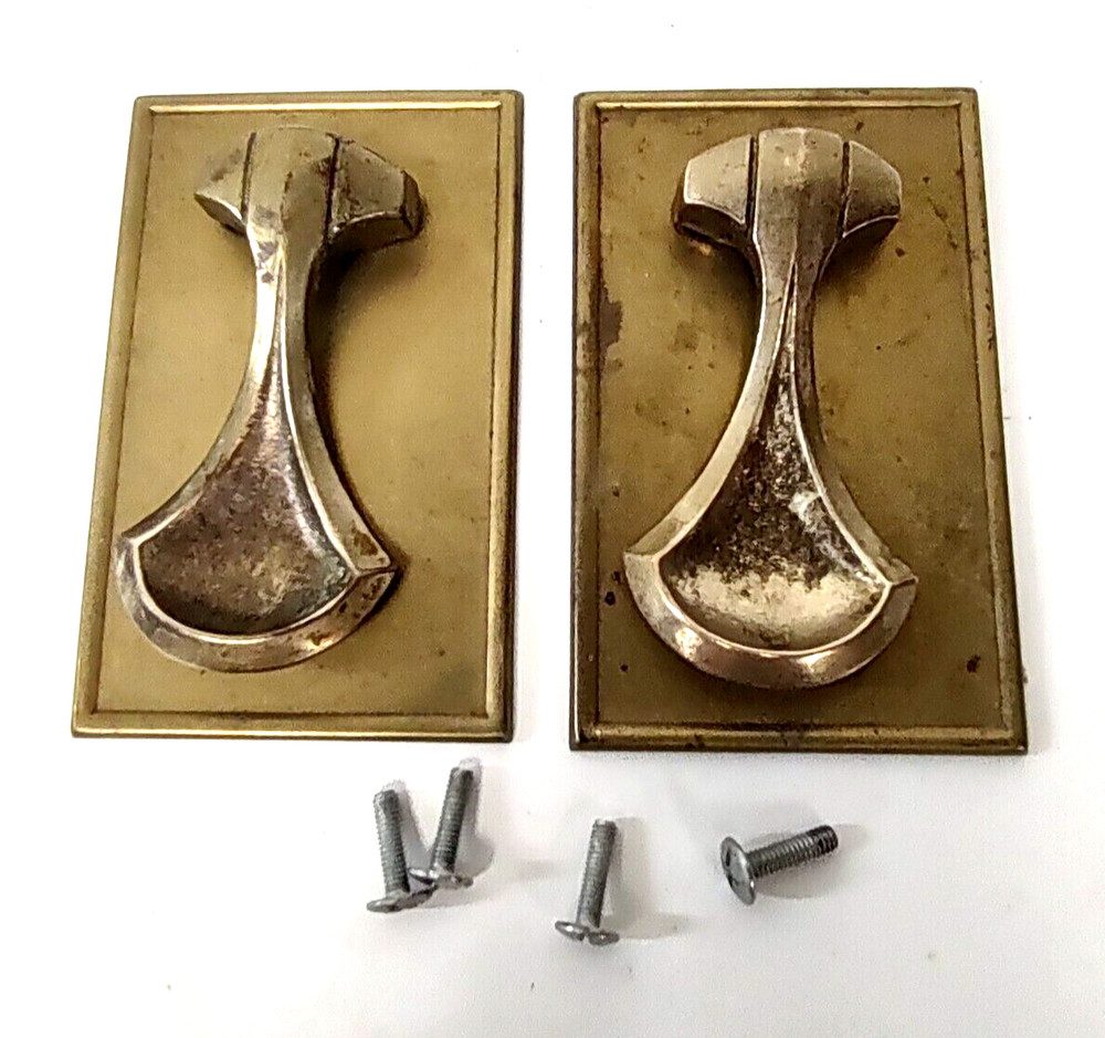 2 Unusual Vintage Door / Drawer Solid Brass Pulls 4.5" x 2.75" Doorknocker Style