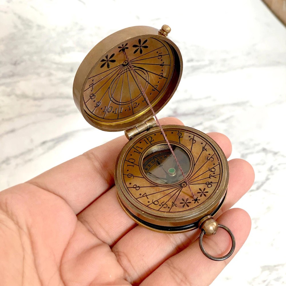 Antique Solid Brass Pocket Compass With Sundial Vintage Compass Handmade Compass