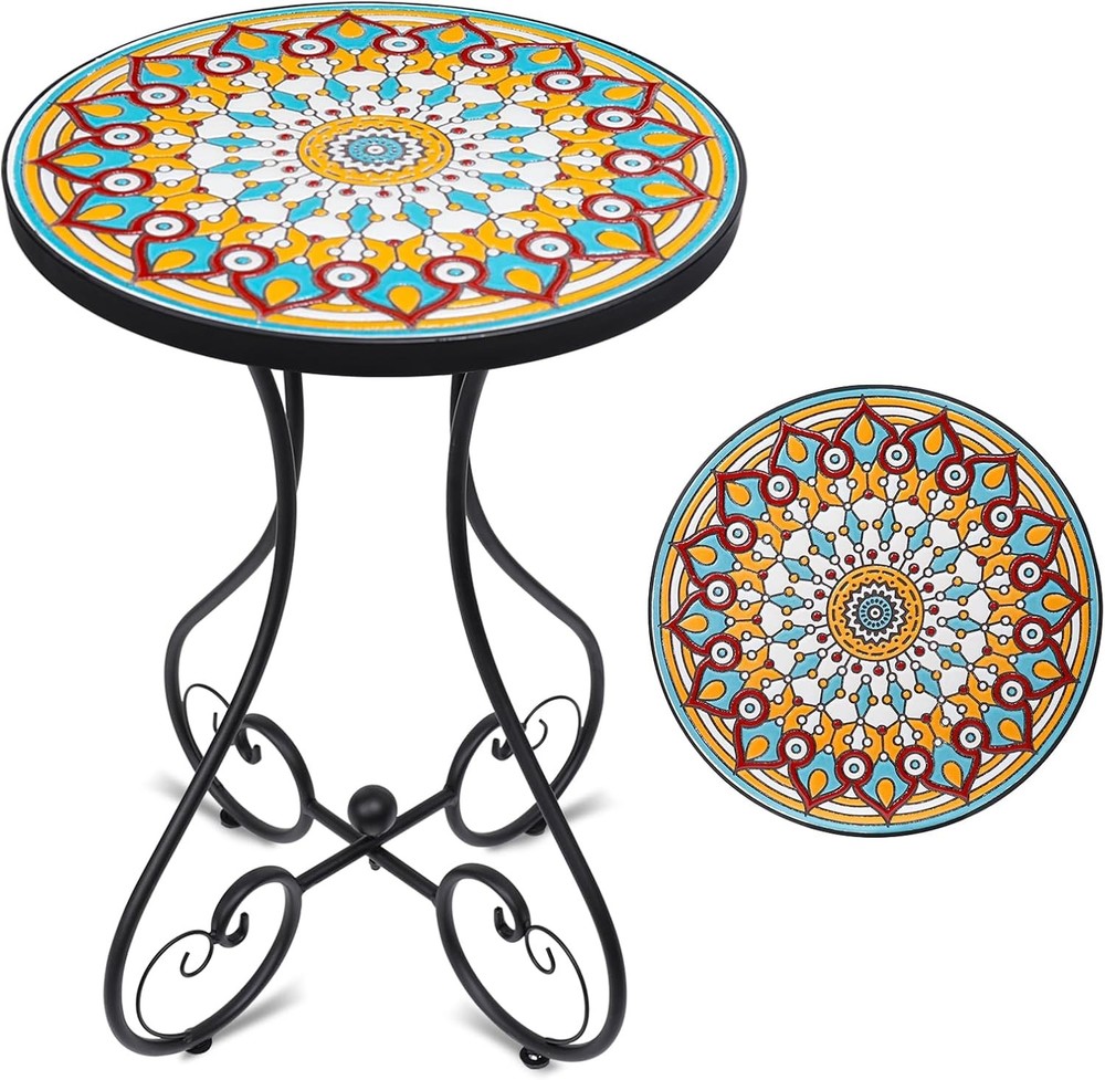 Mosaic Outdoor Side Table, Round Rustproof Patio Table with 14" Ceramic Tile Top