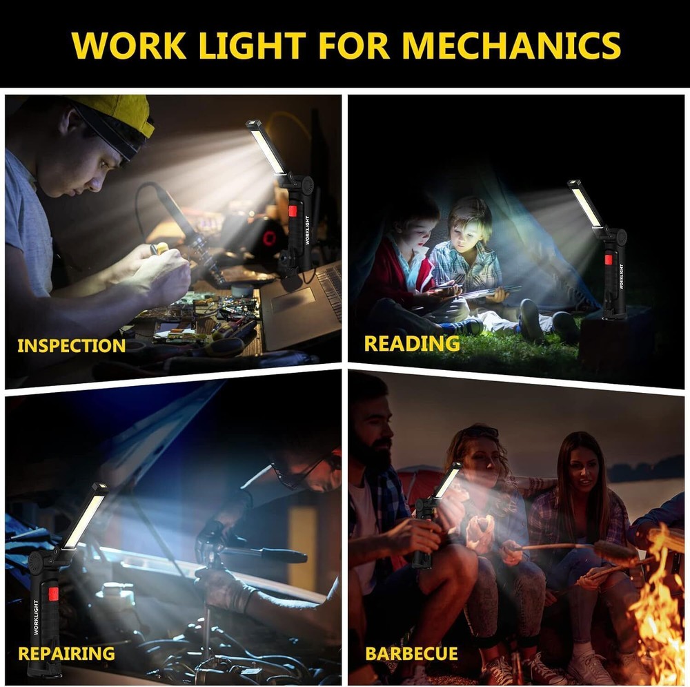 COB LED Work Light USB Rechargeable Mechanic Flashlight Magnetic Base Torch Lamp
