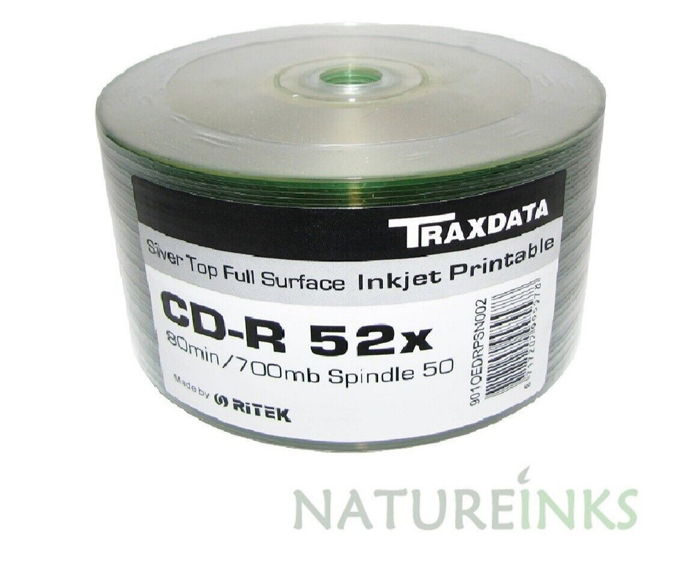 50 Traxdata Full Printable Silver CD-R 52x Discs 700MB Ritek Blank CDR CD discs