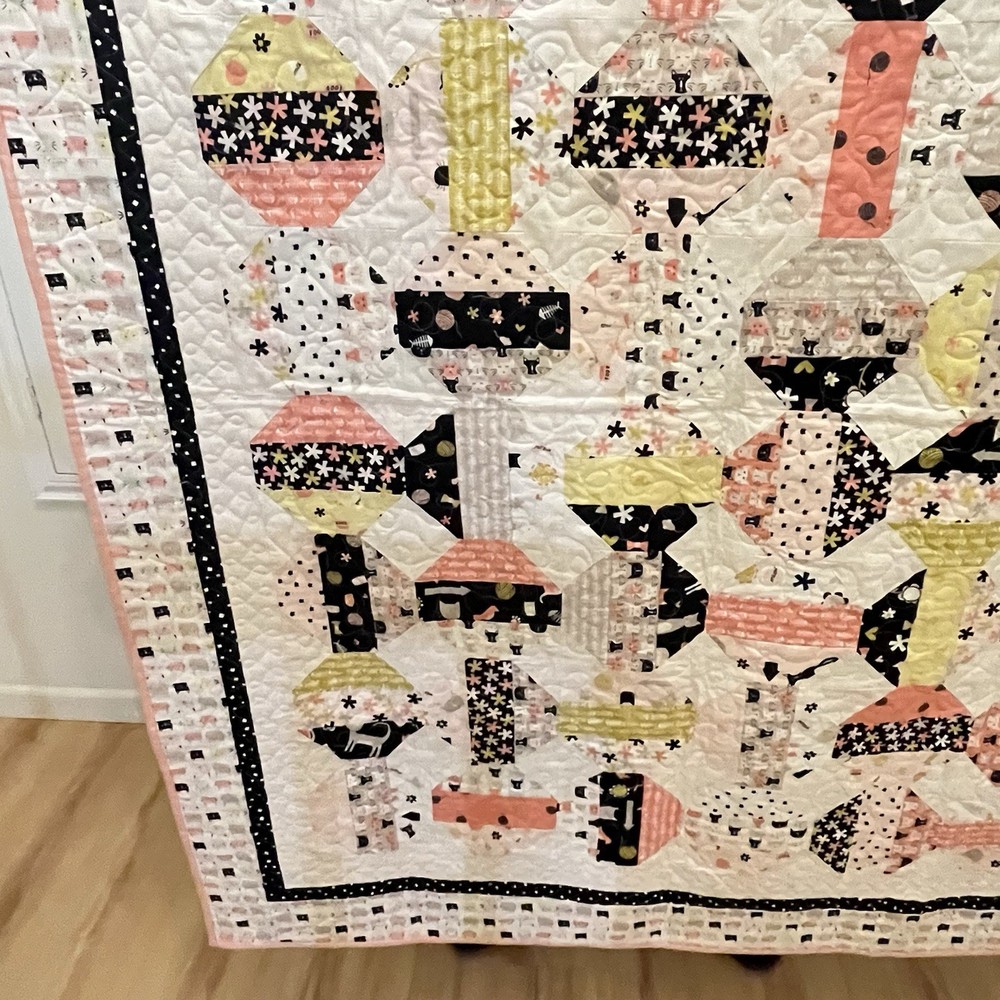 Handmade Cats and Camper Trailers Patchwork Quilt Blanket Pink
