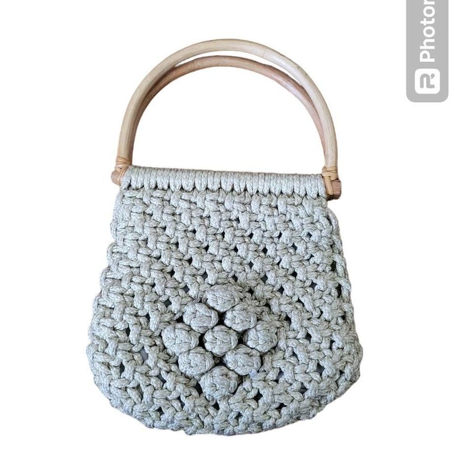 Vintage macrame purse with wooden handle