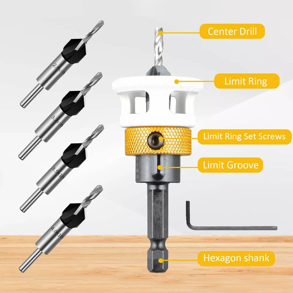 6x Countersink Drill Bit Set with Adjustable Depth Stop QuickChange Countersink❥