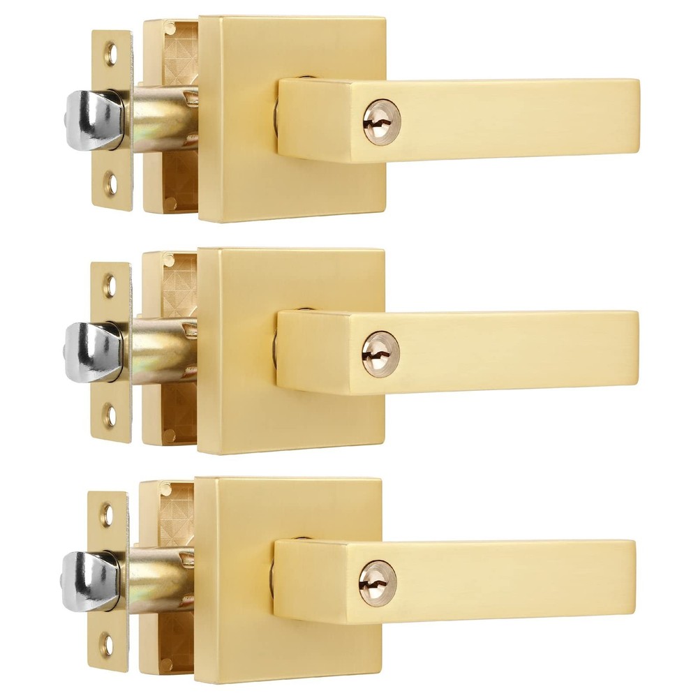 3 Pack Square Gold Door Handle with Key Heavy Door Knobs Interior(Keyed Alike...