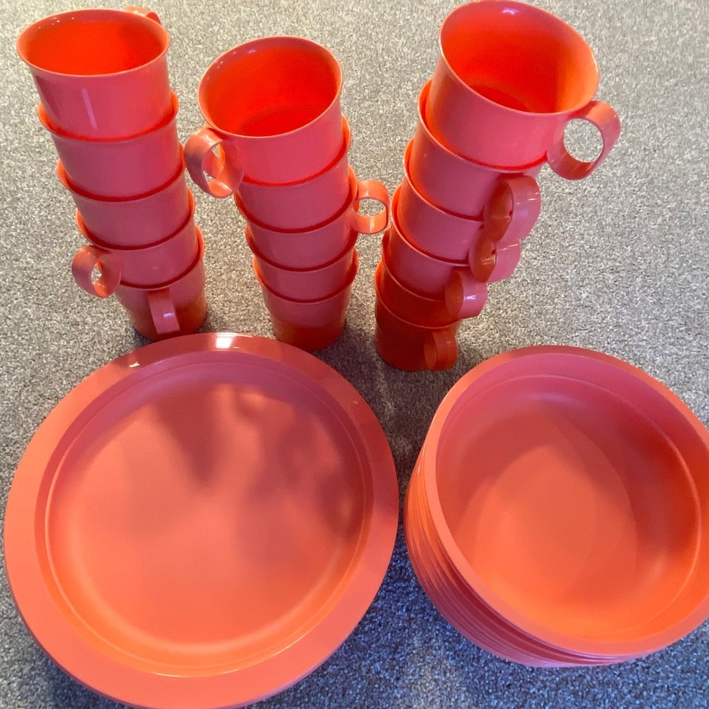 Bemis Decor Stackable Cups Plates Bowls Coral Orange Plastic Vintage  Set