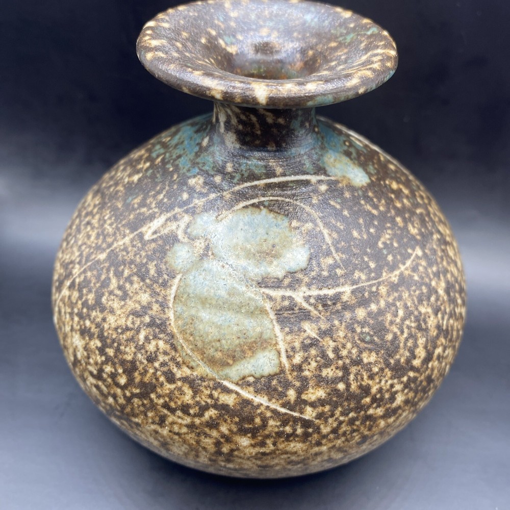 Artisan Studio Pottery Unique Brown Bulb Vase, Glazed Inside,Leaf Design, Signed