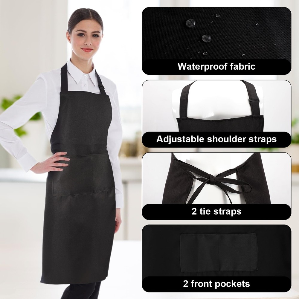12Pcs Bib Aprons BulkAdjustable Black Apron with 2 PocketWaterproof Kitchen A...
