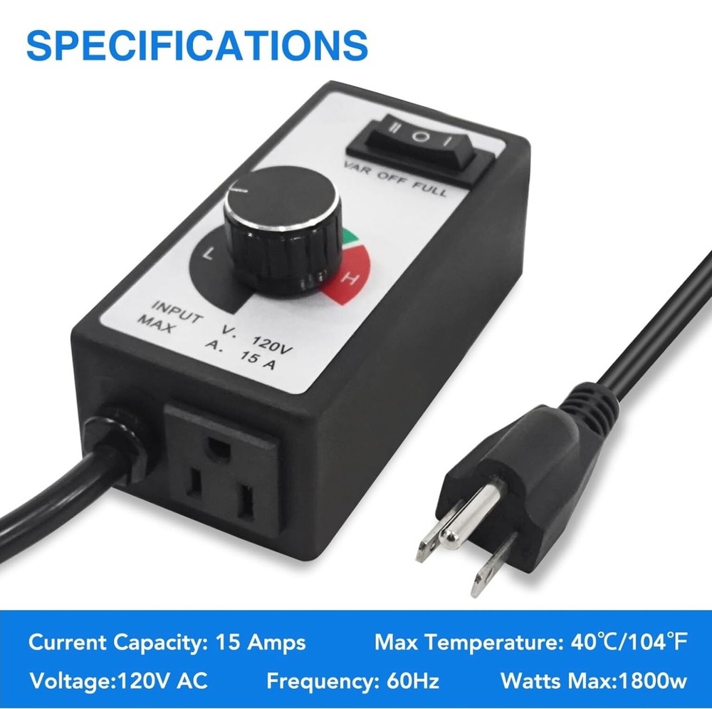 Variable Fan Speed Controller 120V 15AmpFor Exhaust / Inline Duct Fan