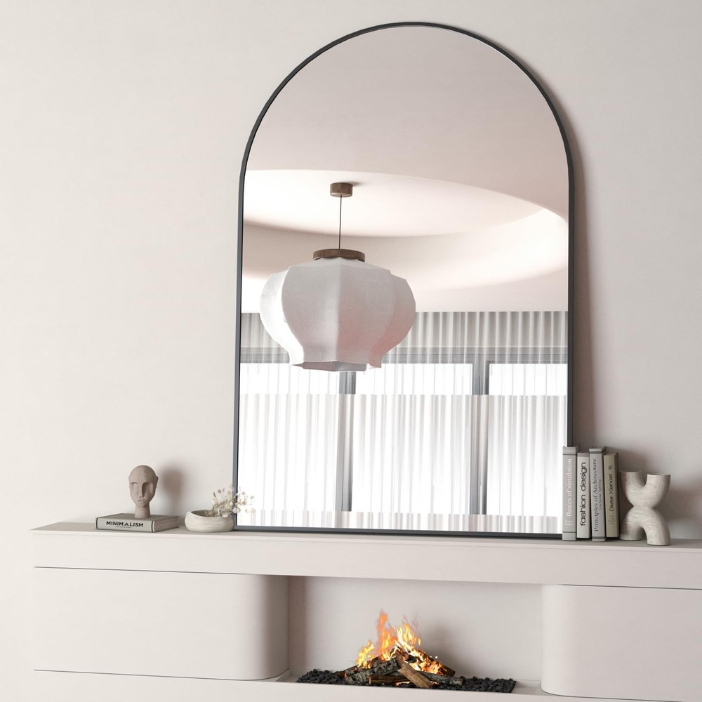 Black Metal Framed Arched Bathrrom Mirror for Wall
