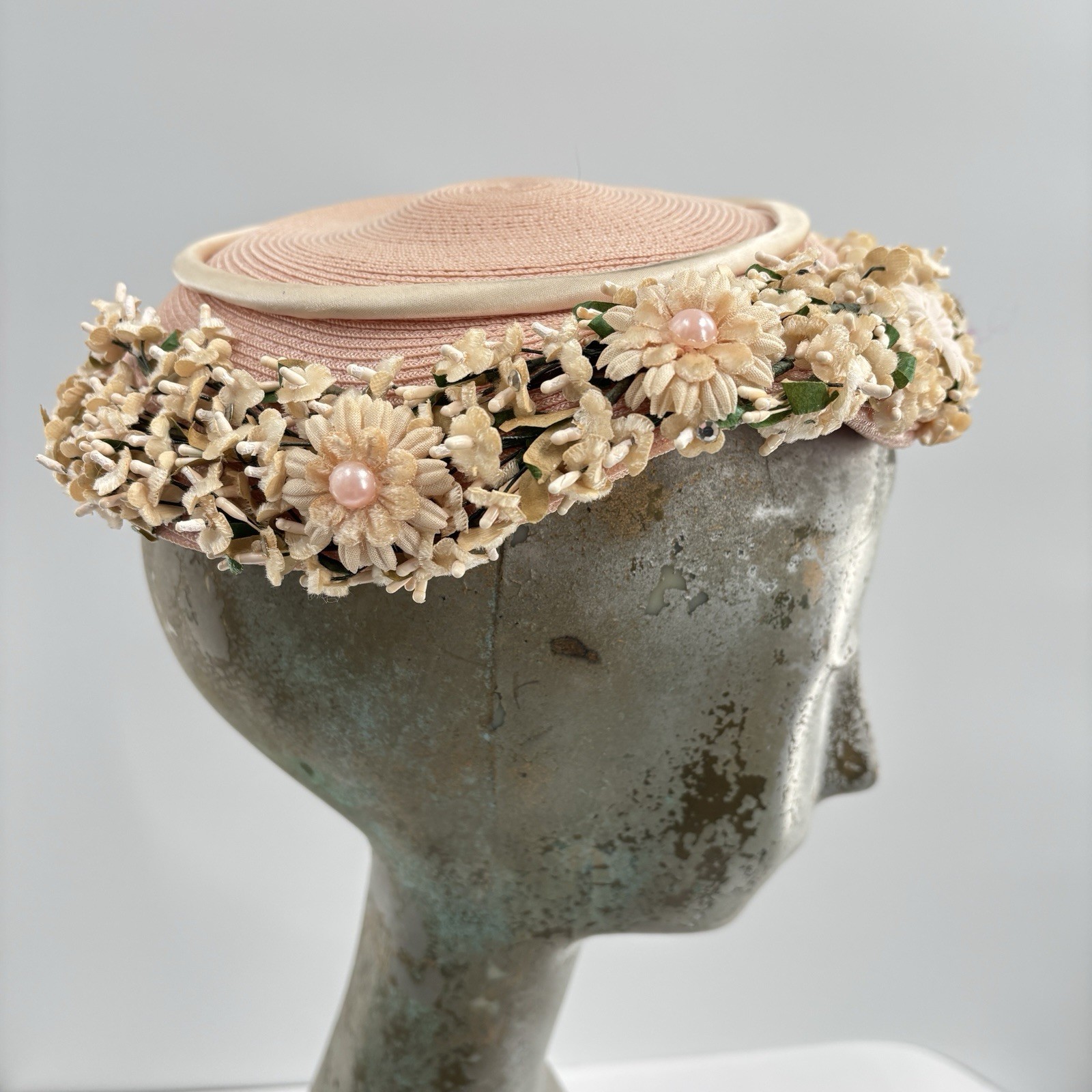 Vtg 60s Bon Rey Pink Floral Straw Hat Garden Party Tea Wedding