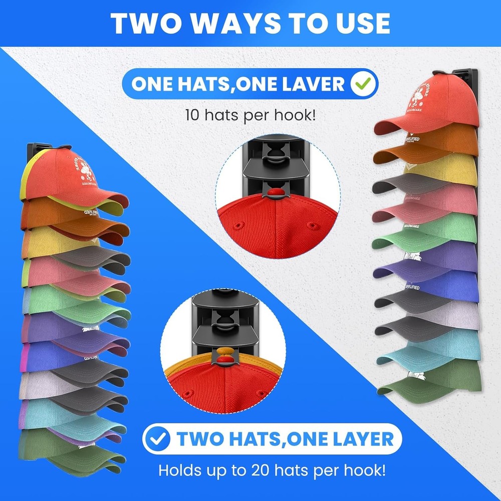 Baseball Cap Storage Rack Wall Mounted - 2-Pack - Holds 40 Caps, Space-Saving St