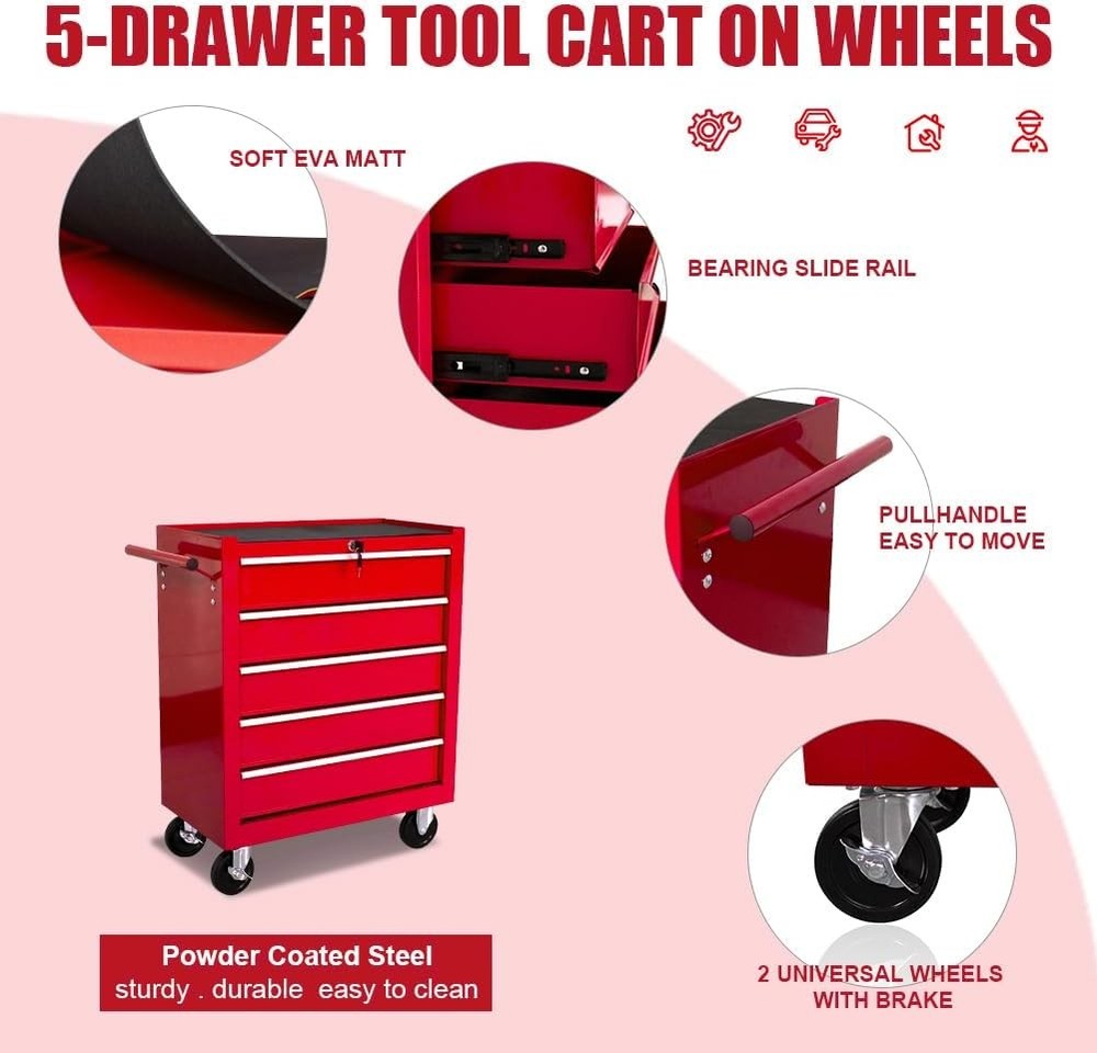 5 Drawer Tool Chest Wheels Rolling Garage Tool Storage Cabinet System Lockable