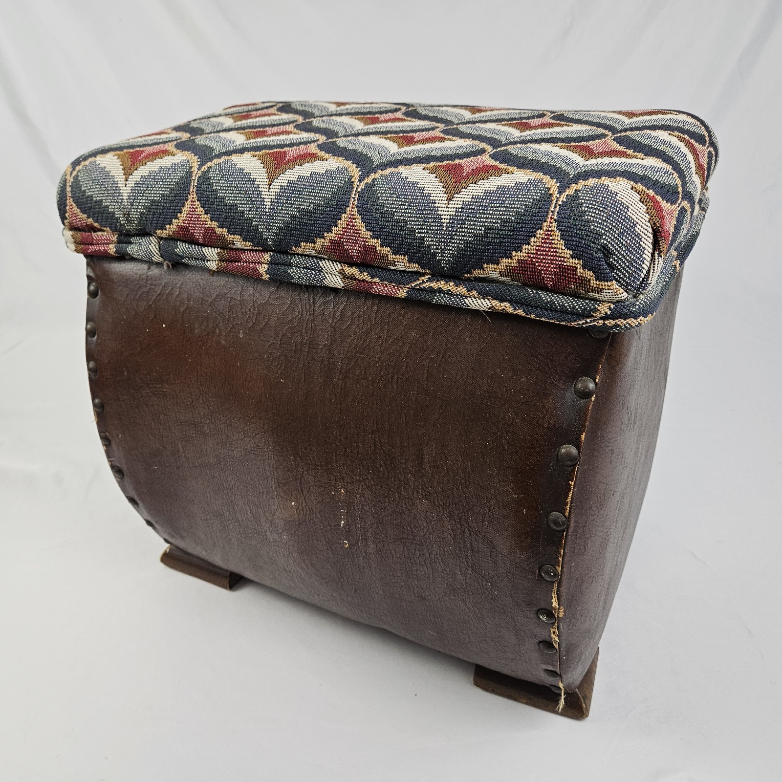 Chinoisiere Footstool Ottoman Leather Upholstered Vintage Chinese Chippendale