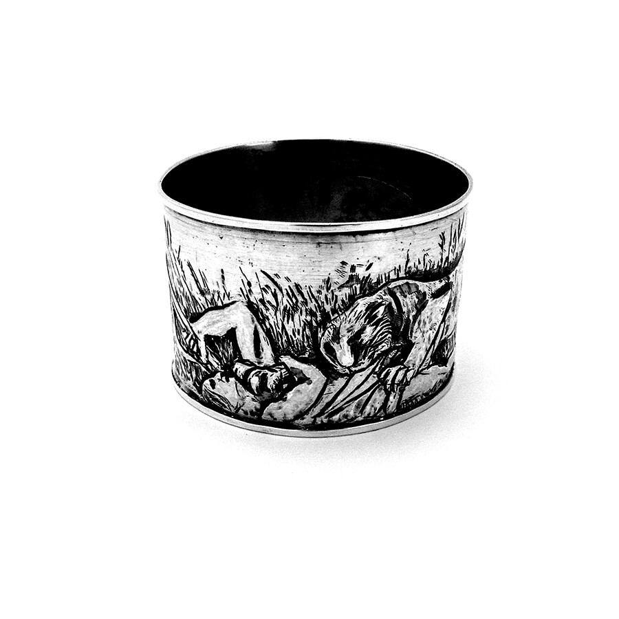 Scenic Tiger Attacking Hunter Napkin Ring Sterling Silver