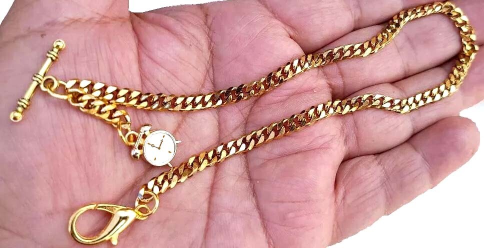 Gold Plated 12" Inches Long Pocket Watch Chain With Ornate Fob