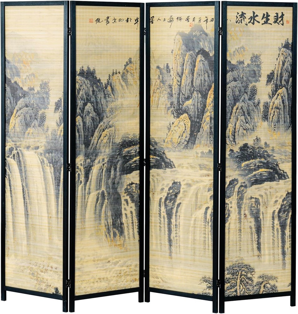 4 Panel Folding Bamboo Room Divider Chinese Calligraphy Decorative Screen Art