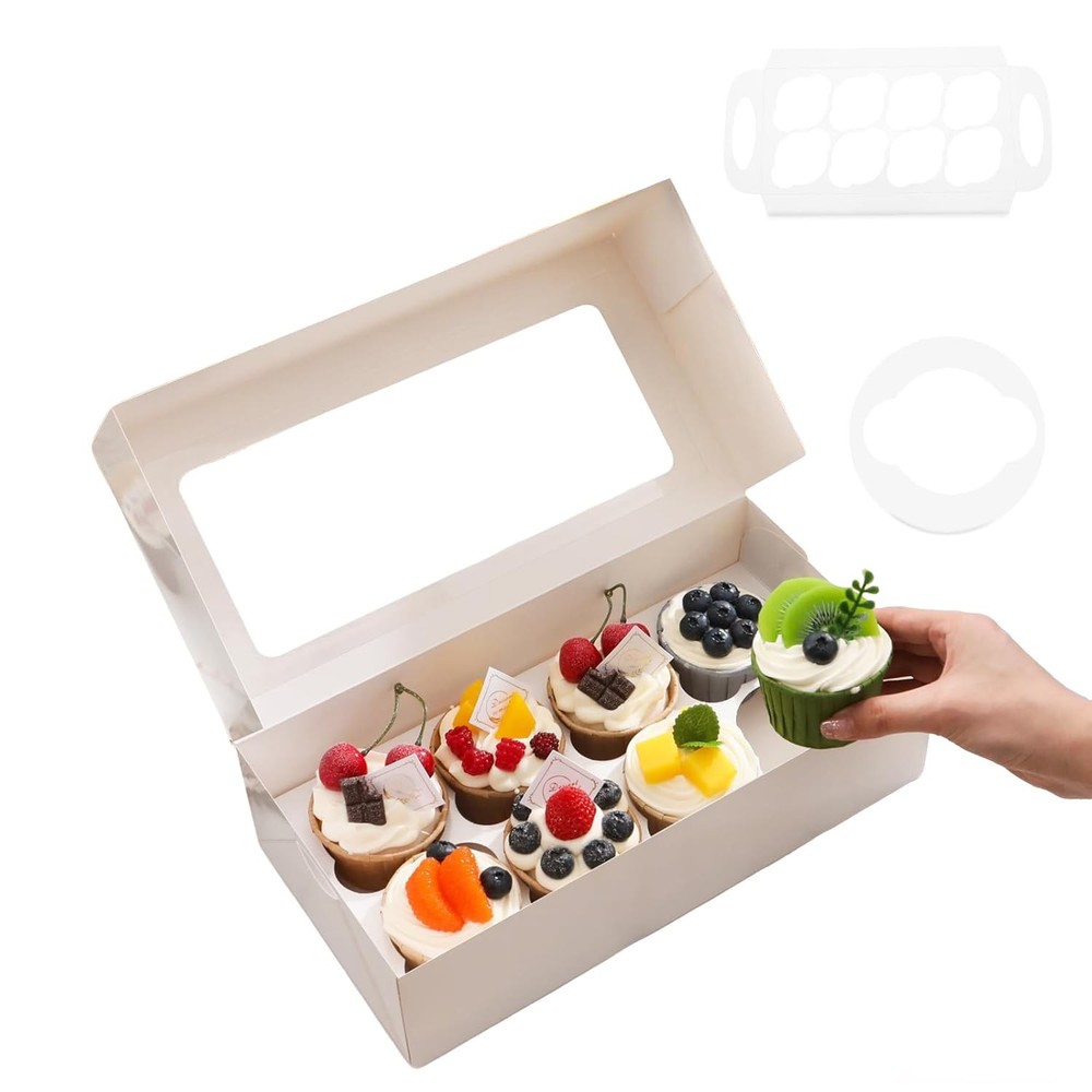 15 White Cupcake Boxes 8 Count with Window and Inserts, Cupcake Containers, C...