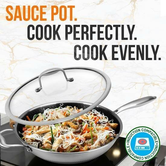 NutriChef 12'' Durable Wok Set with DAKIN Etching Non-Stick Coating - Silver
