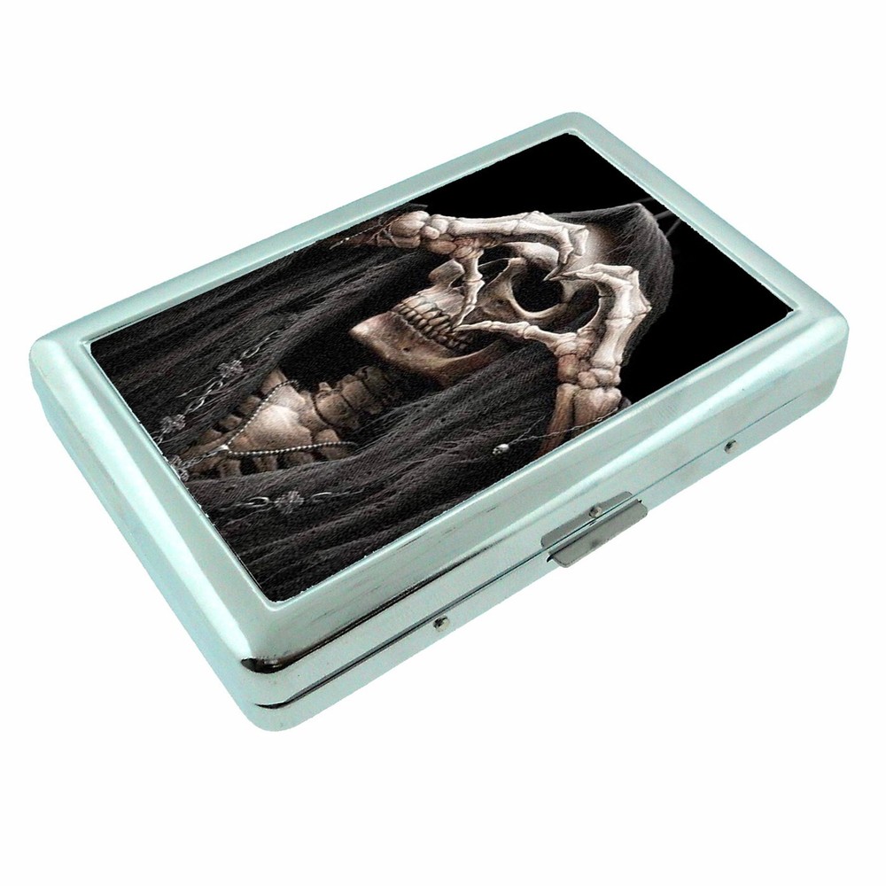 Skeleton Heart Hands Metal Silver Cigarette Case