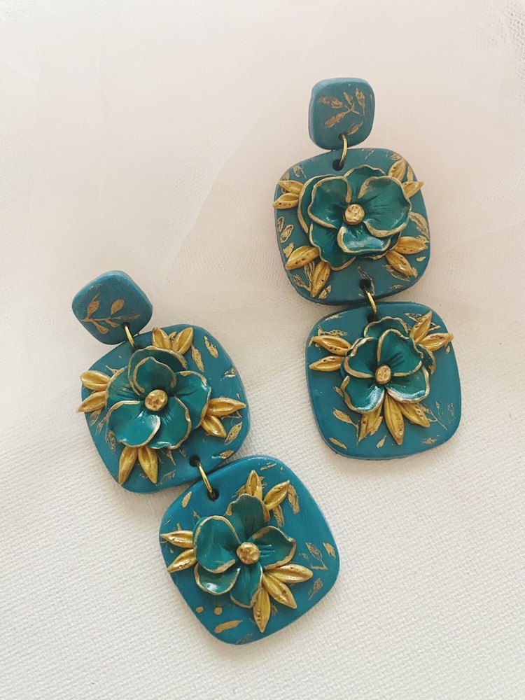 Statement Polymer Clay Earrings / Teal/square/flower/2 Tiers