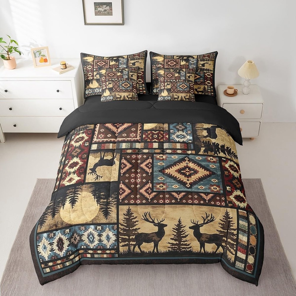 Rustic Bear 7 Piece Comforter Set Queen Bed in a Bag,Buffalo Plaid Grid Beddi...