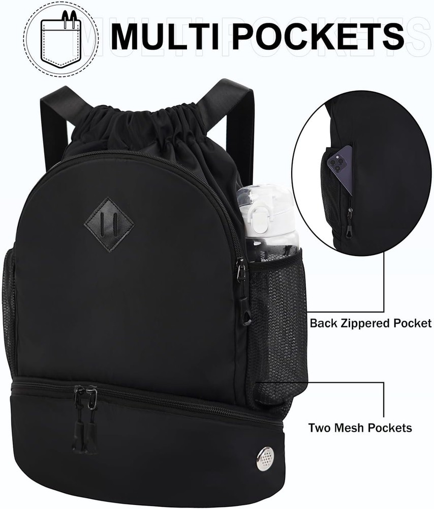 Drawstring Backpack Gym with Shoe Compartment for Men Women Black