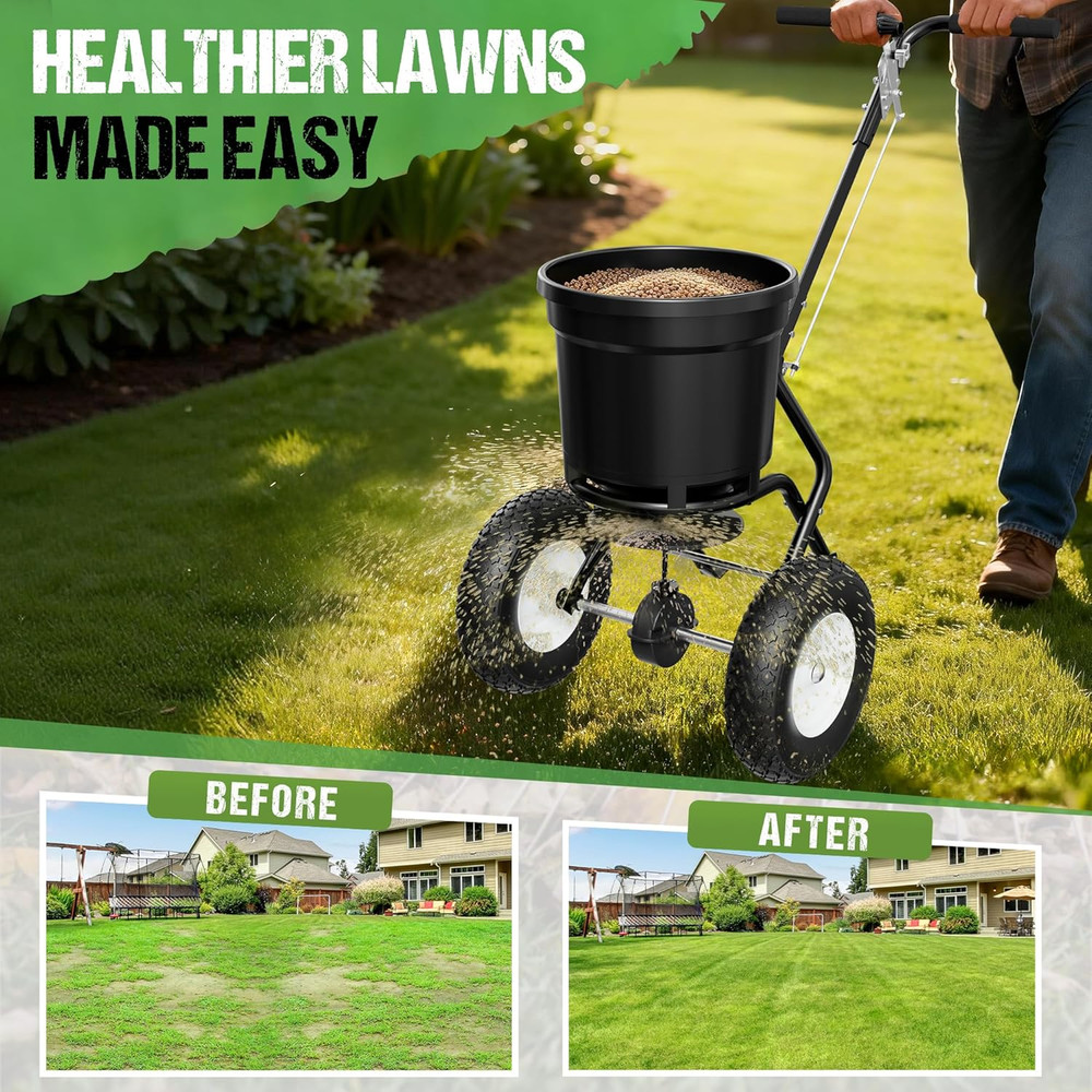 Fertilizer Spreader 50LB Capacity, Walk-Behind Push Broadcast Spreader with Hopp