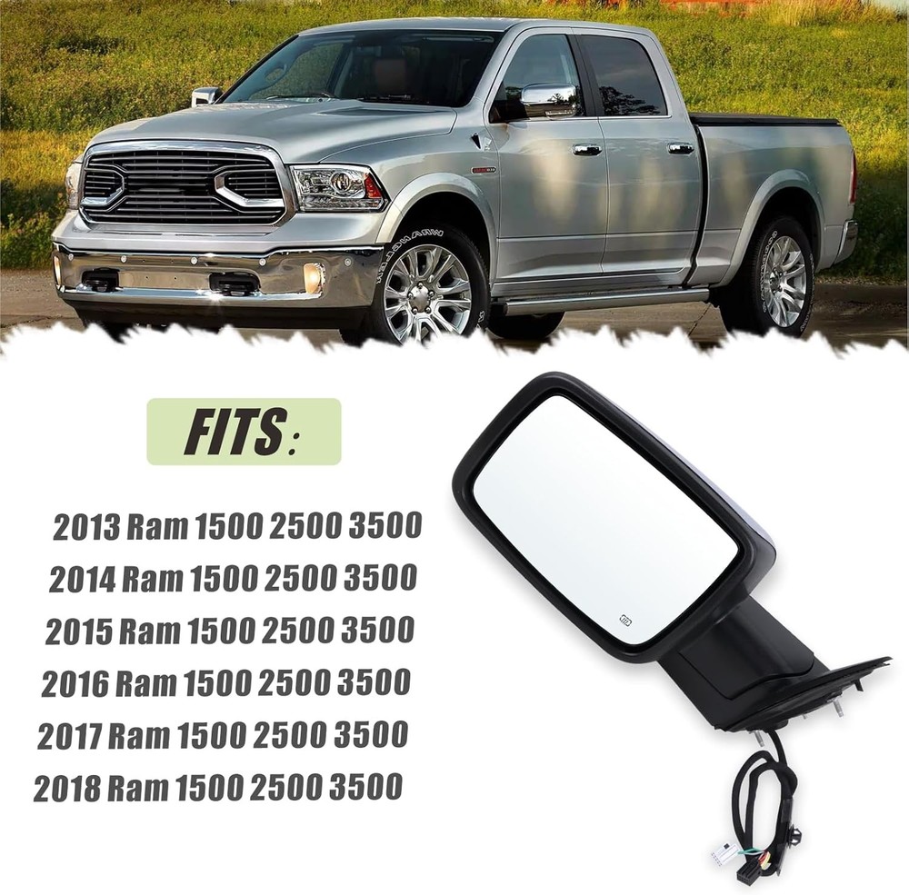 Left Driver Side Mirror Compatible With 2013-2018 Ram 1500 L-12Pins, Chrome