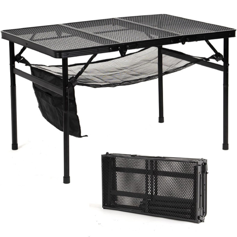 4FT 3-Fold Camping Table with Mesh Desktop Adjustable Height BBQ Grill Table