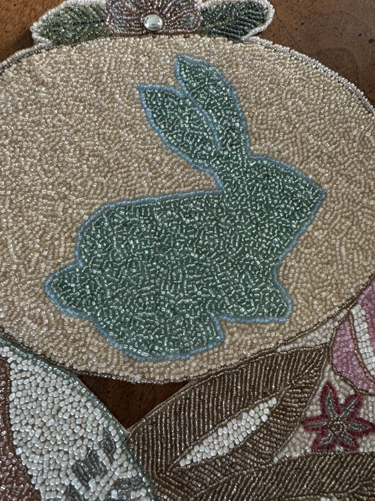 90s Pier 1 Imports Easter Egg & Bunny Rabbit Glass Beaded Table Runner 13” X 35”