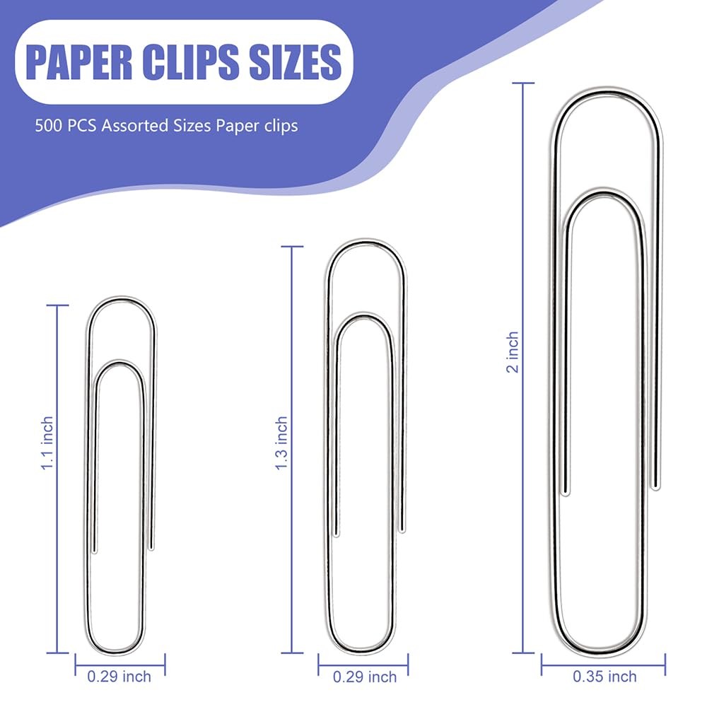 Assorted Paper Clips set 500 Pcs Silver Paperclips Large Medium S