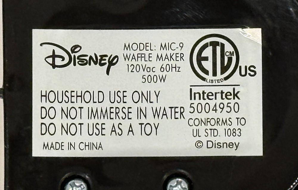 Disney Intertek Mickey Mouse The True Original 90 Year Mini Belgian Waffle Maker