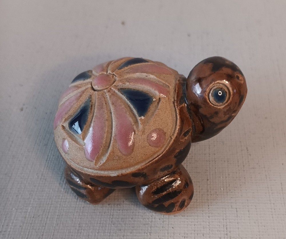 Turtle Figurine Small Embellished Shell Ceramic Pottery Glazed