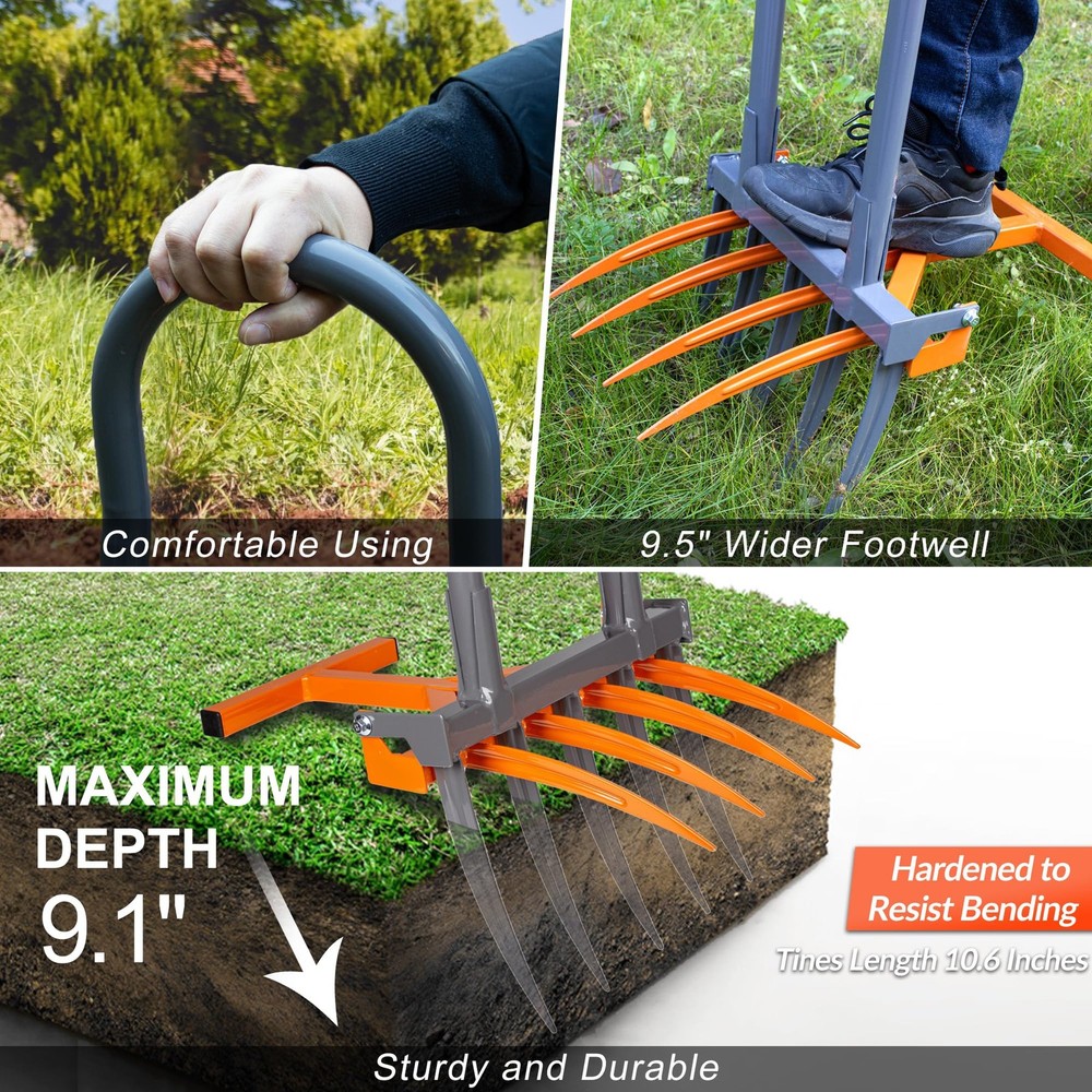 Walensee Broad Fork Garden Tool, 9 Tines Heavy Duty Broadfork Hand Orange