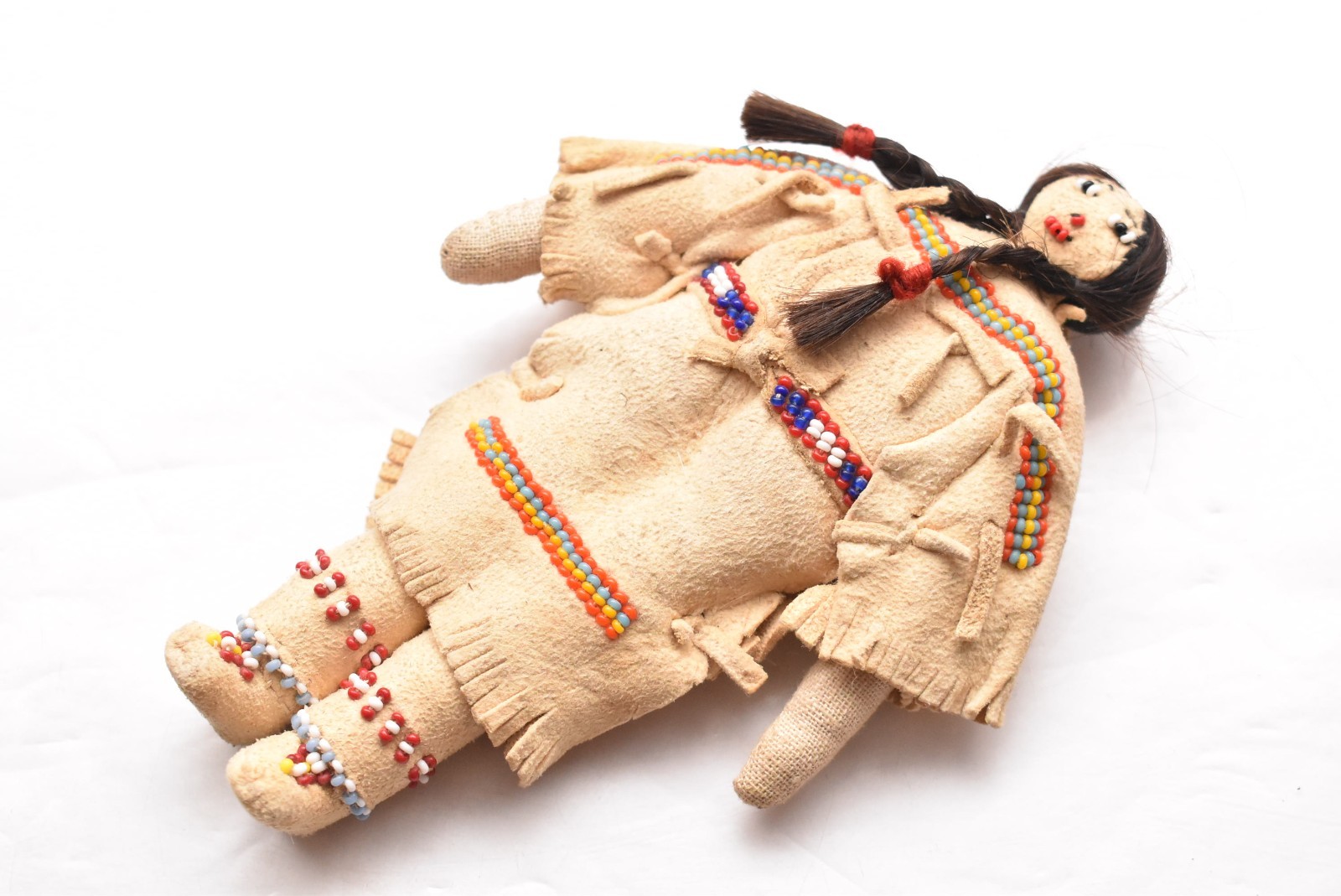 Vintage Native American Doll Beaded Sioux Indian W Leather Fringe 5.5" Tall-