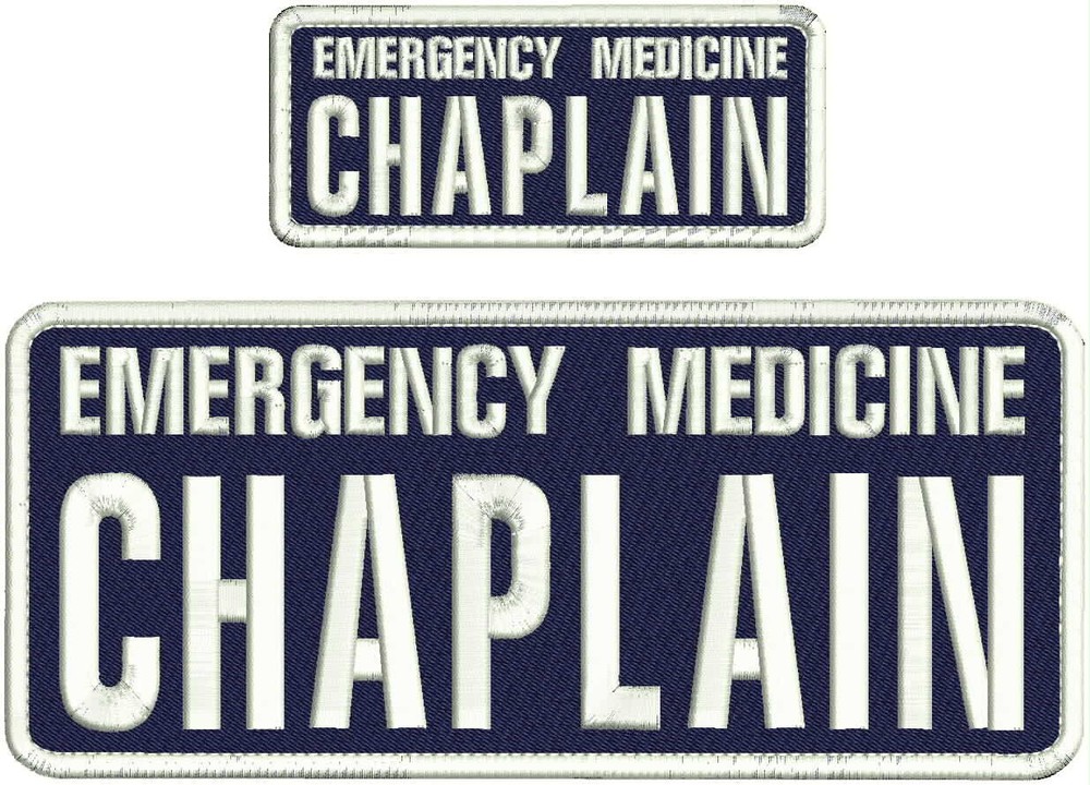 E M CHAPLAIN EMBROIDERY PATCH 4X10 & 2X5 HOOK ON BACK WHITE ON NAVY BLUE
