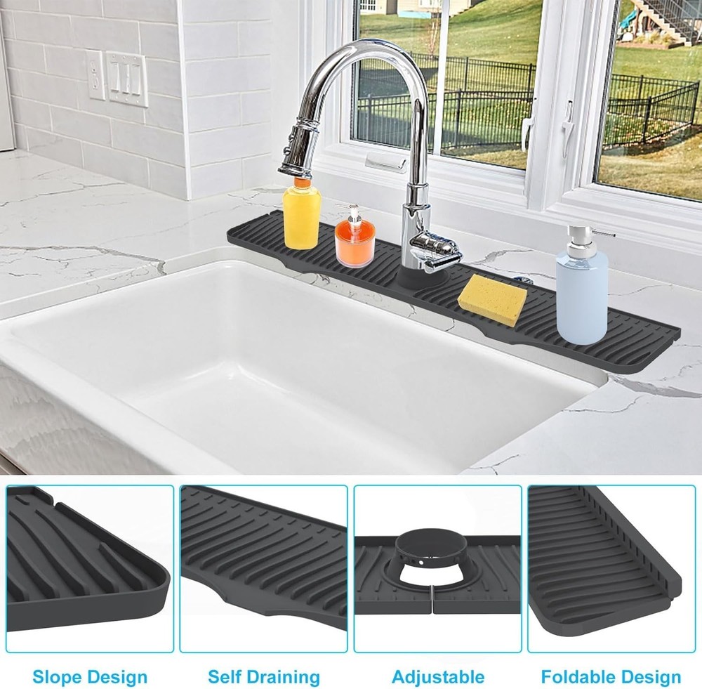 32 x 5.5 Silicone Kitchen Sink Splash Guard - Self-Draining & Adjustable Fit