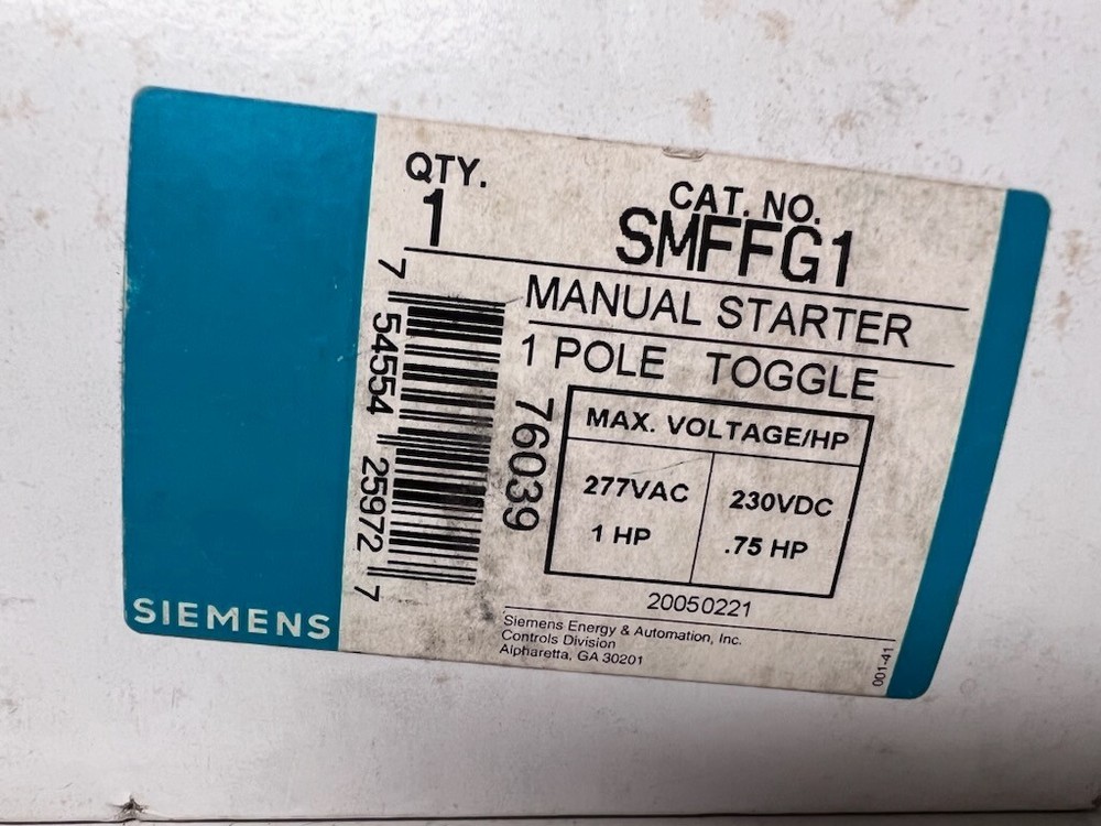 Siemens SMFFG1 Manual Starter 1 Pole Toggle
