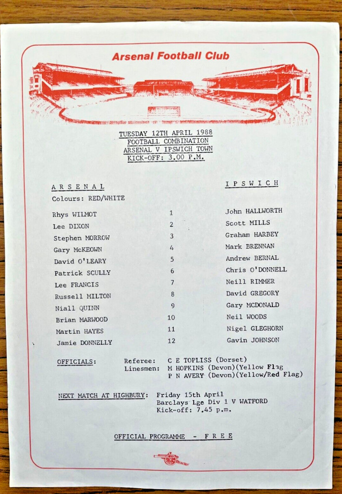 Arsenal v Ipswich Town Matchday  Programme/Teamsheet, 12/4/1988