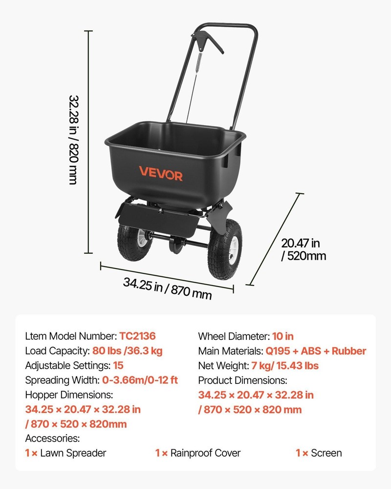 Push Lawn Spreader, 12ft Spreading Width, Broadcast Spreader with 80lbs Load