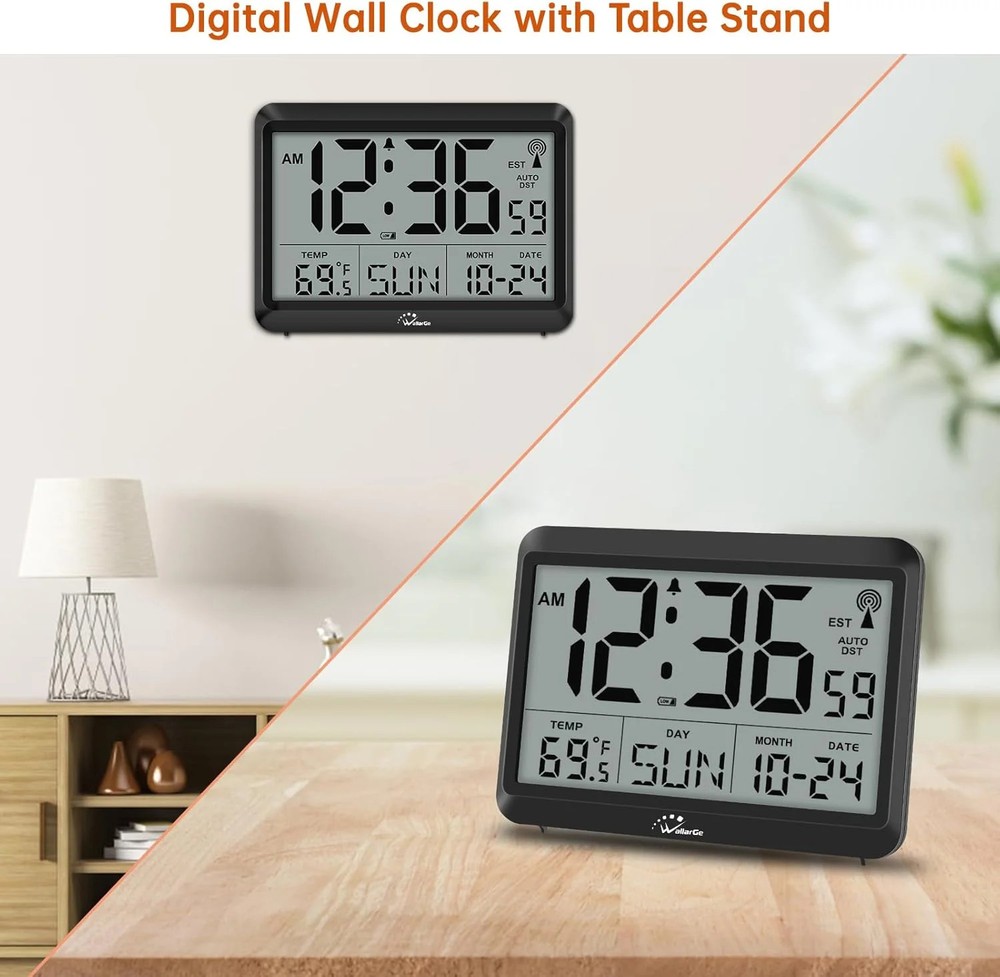 Atomic Digital Wall Clock Large Display Temp Date Day Silent 4 Zone DST