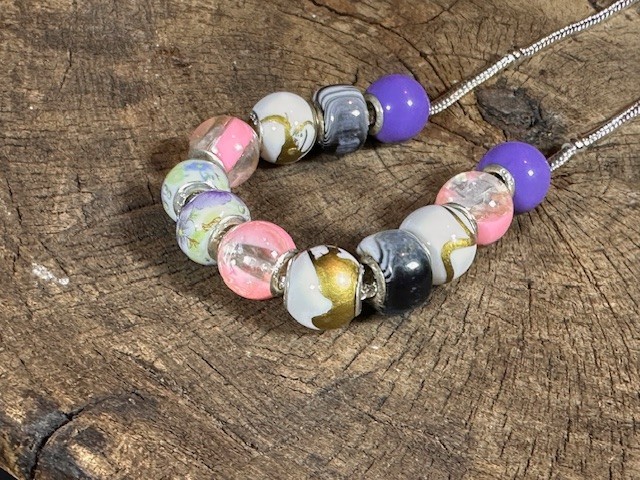 Old Beaded Costume Necklace on Silver Tone Chain C