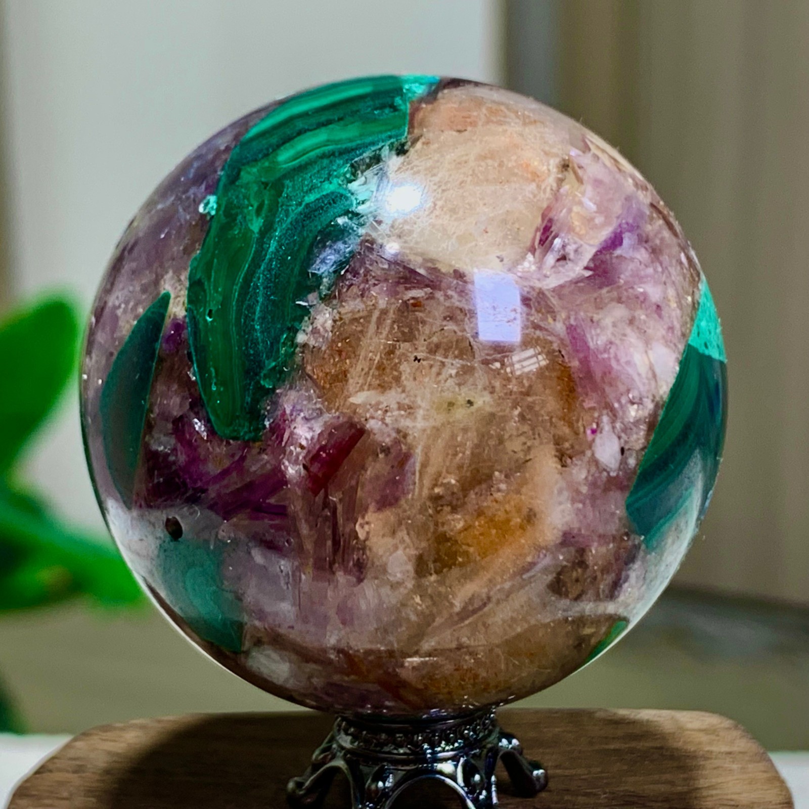 129G Newly discovered rare malachite purple mica symbiotic sphere restoration