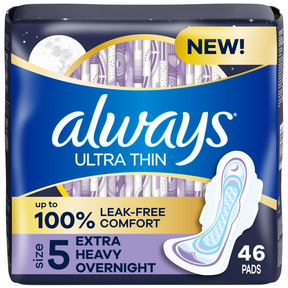Always Ultra-Thin Overnight Pads with Wings, Size 5, Extra Absorbent, 46 Count
