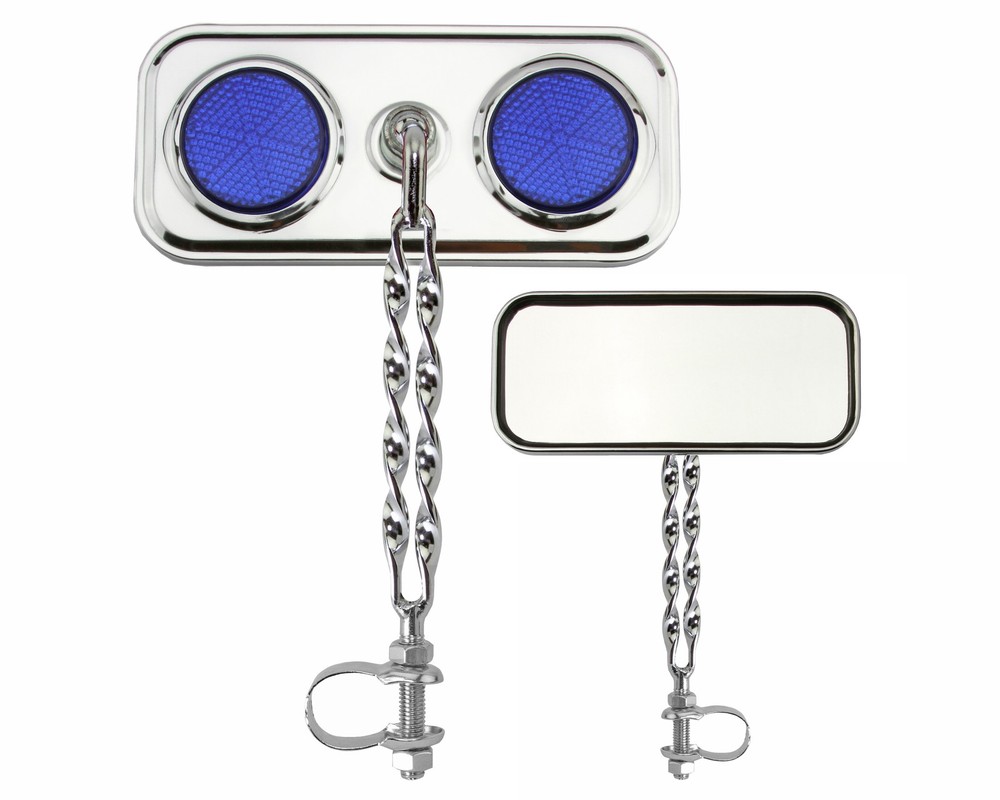 Bike Rectangle Double Flat Twisted Mirror Chrome Blue Reflectors.