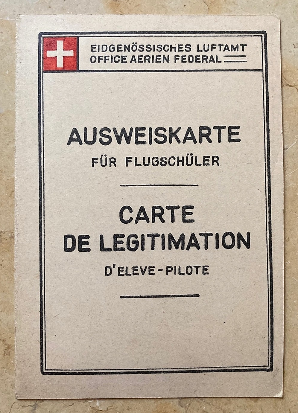 ORIGINAL! PRE-WW2 OFFICIAL SWISS AIR FORCE STUDENT-PILOT ID CARD JAN. 1932