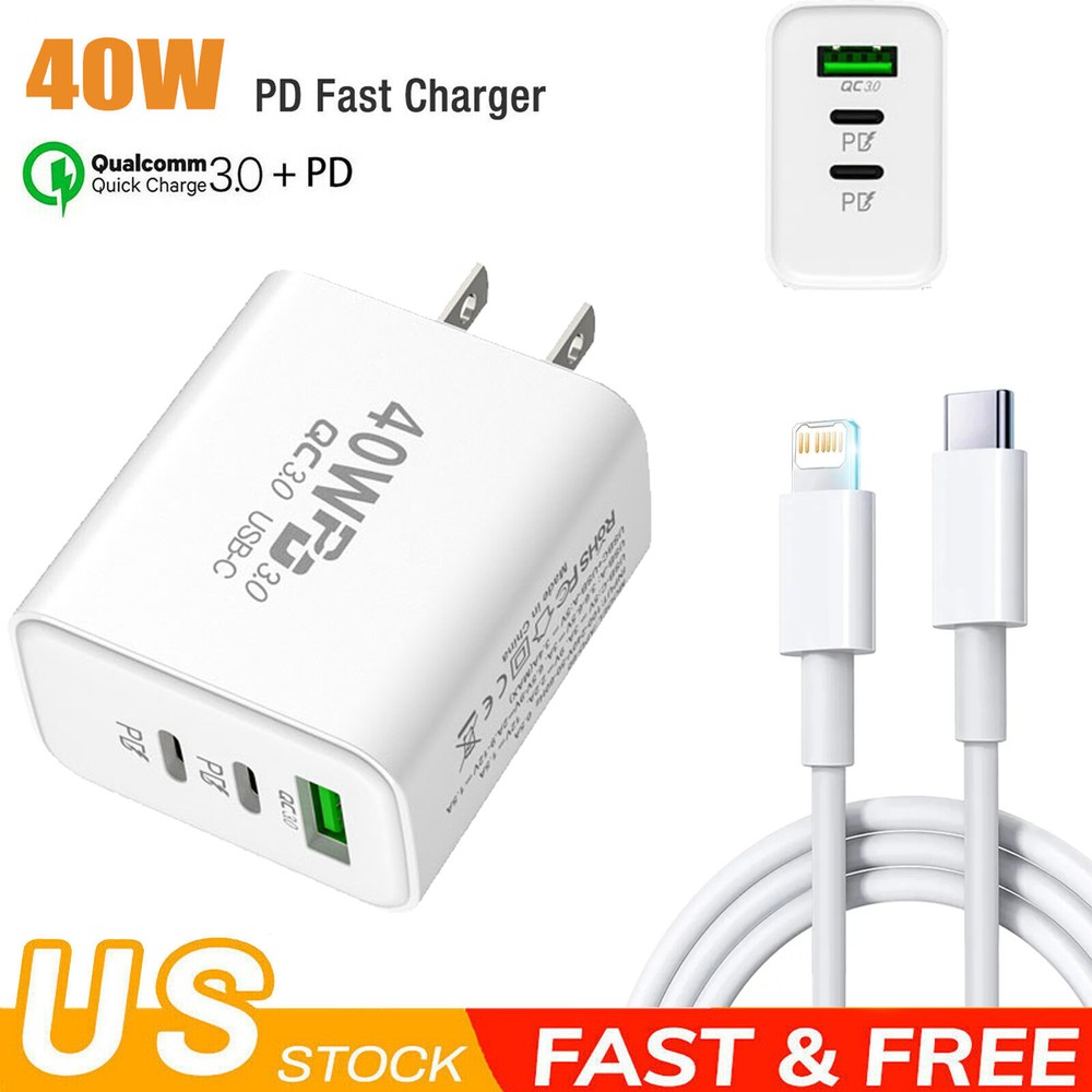 For iPhone 16 15 14 13 12 Pro Max 40W USB-C PD Fast Wall Charger & iOS Cable