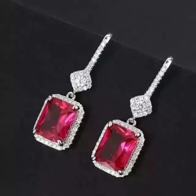 4Ct Emerald Cut Lab Created Red Ruby Drop Dangle Earrings 14K White Gold Plated
